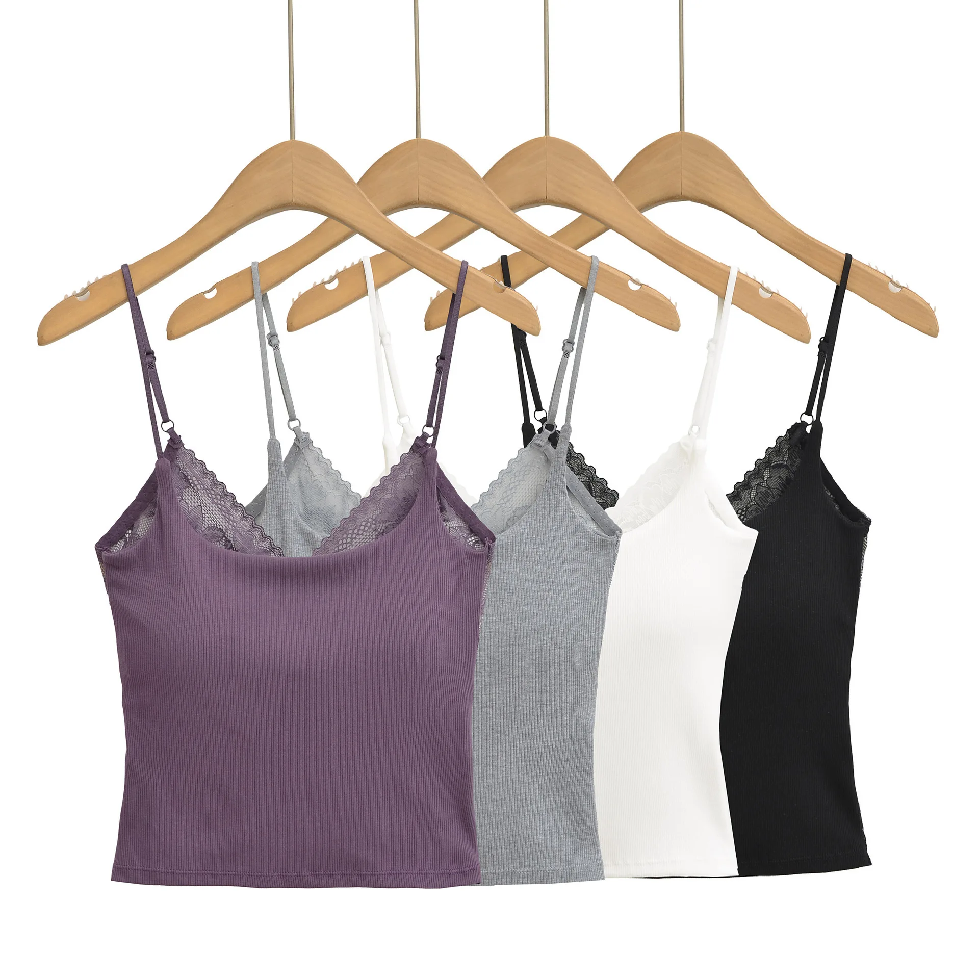 เสื้อสายเดี่ยวเซ็กซี่สไตล์ลำลองสำหรับผู้หญิง รุ่นใหม่ประจำฤดูใบไม้ร่วง ตกแต่งด้วยลูกไม้ พร้อมฟองน้ำเสริมทรง ด้านหลังเปิดกว้าง รุ่น 2GK2