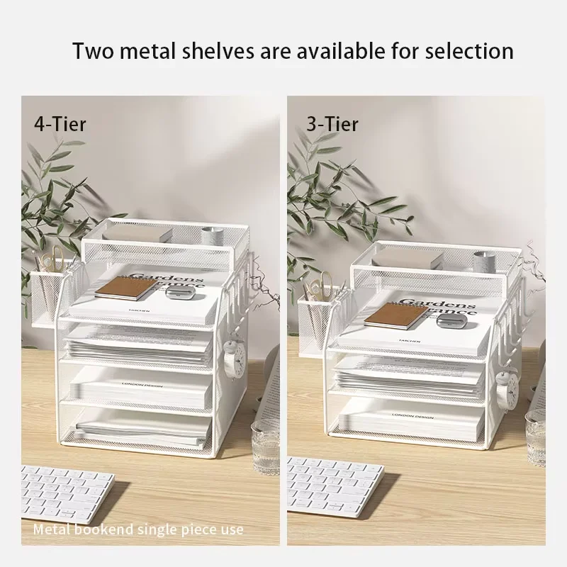 White Metal Mesh Desktop File Organizer, Multi-Tier Paper Tray with Side Hooks for Home Office Students