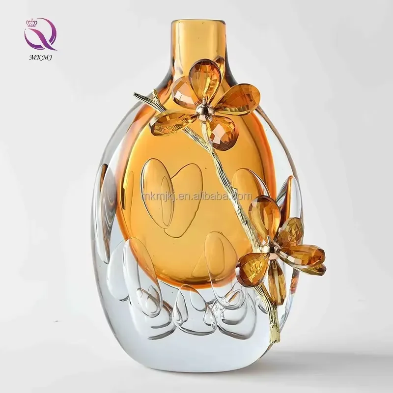 Luxury Orange Crystal Glass Vase Elegant Cloisonne Enamel Decoration for Living Room Home Decor Light Luxury Style Art Piece