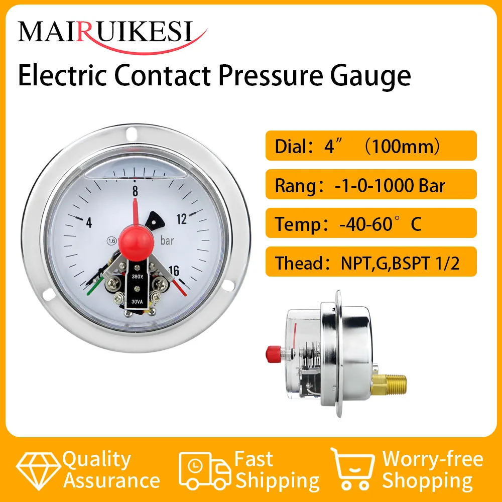 MAIRUIKESI Electric Contact Pressure Gauges 100mm 4\'\' 1.6% -1-0-600bar Axial Installation For Air, Gas, Water And Fuel Liquid