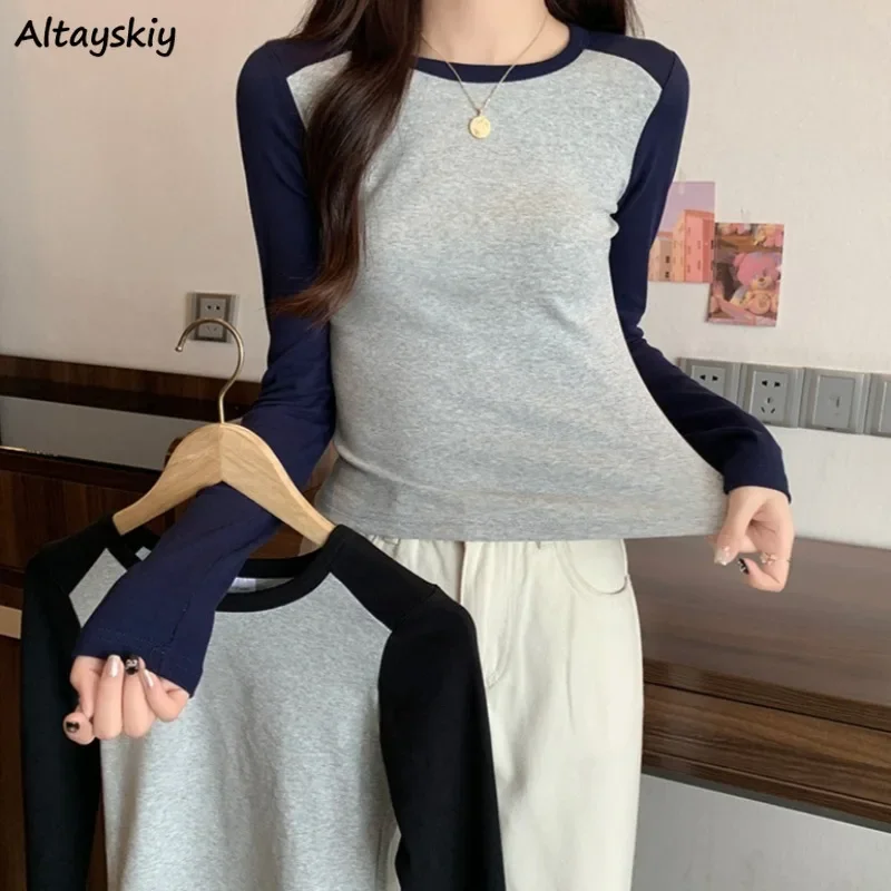 Slim T-shirts for Women Long Sleeve Patchwork Young Girls Spring Autumn Chic Korean Style All-match O-neck Elegant Niche Simple