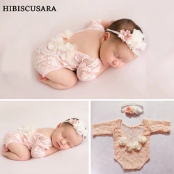 Newborn Girl Lace Rompers With Flowers For Photography Infant Photo Shoot Clothing Costumes With Headband 2pcs Set