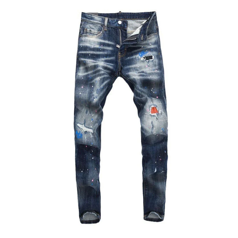 High Street Fashion Men Jeans Retro Blue Stretch Skinny Fit Painted Ripped Jeans Men Patched Designer Hip Hop Brand Pants Hombre