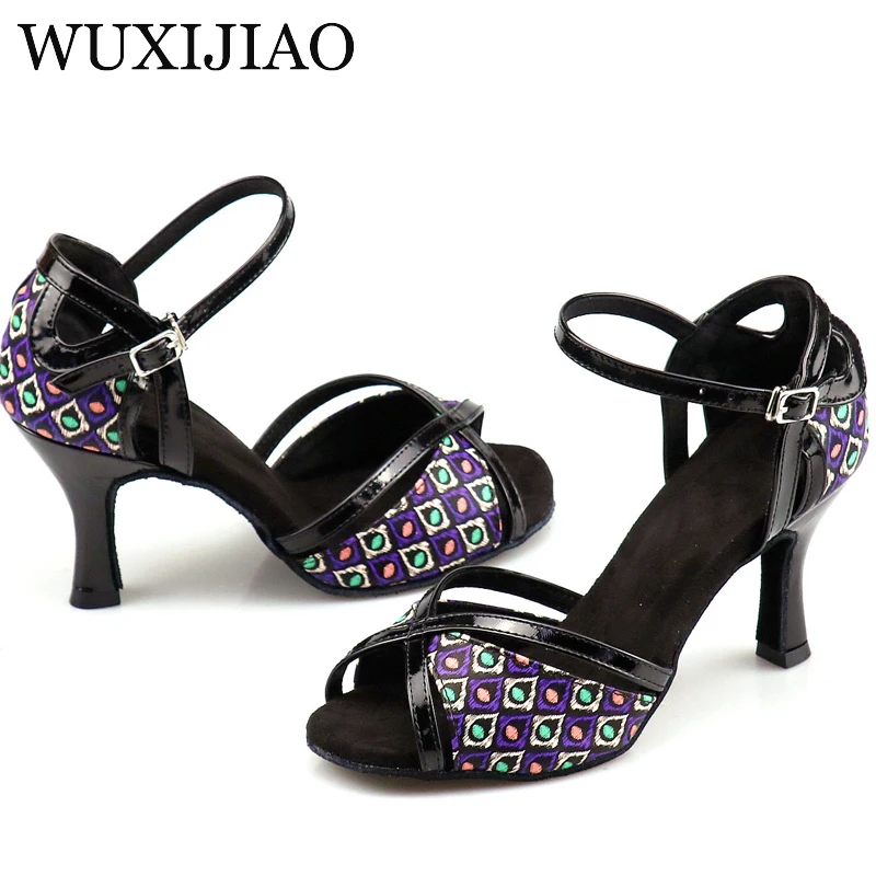 WUXIJIAO Sexy Thin Black Women\'s Shoes Painted PU High Heels Latin Dance Shoes Ballroom Dance Shoes 7.5C