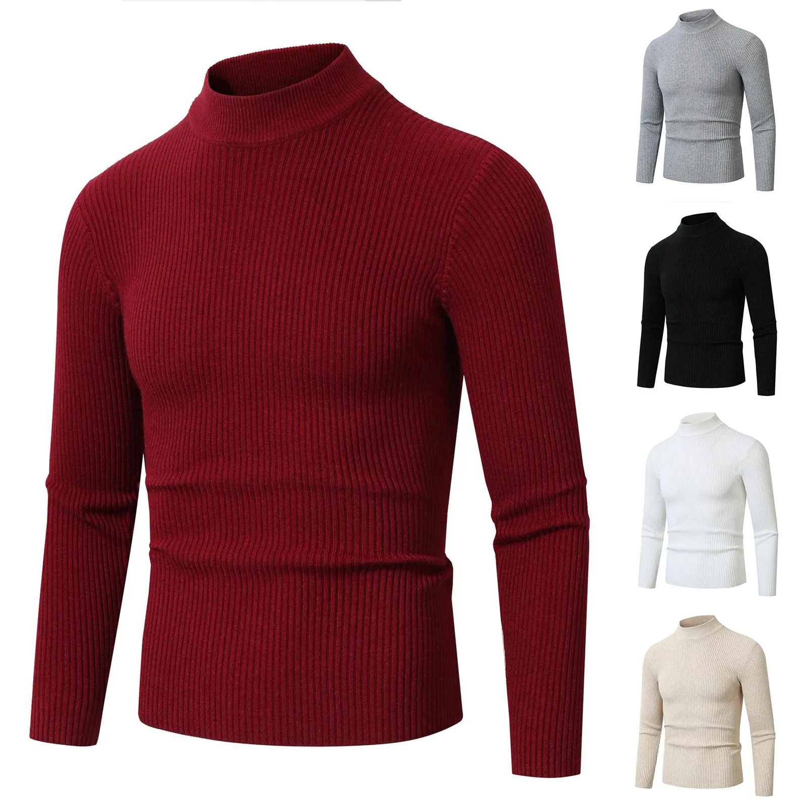 

Autumn Mens Turtleneck Knittde Sweaters Winter Warm Striped Outdoor Breathable Solid Color Pullover Long Sleeve Warm Streetwear