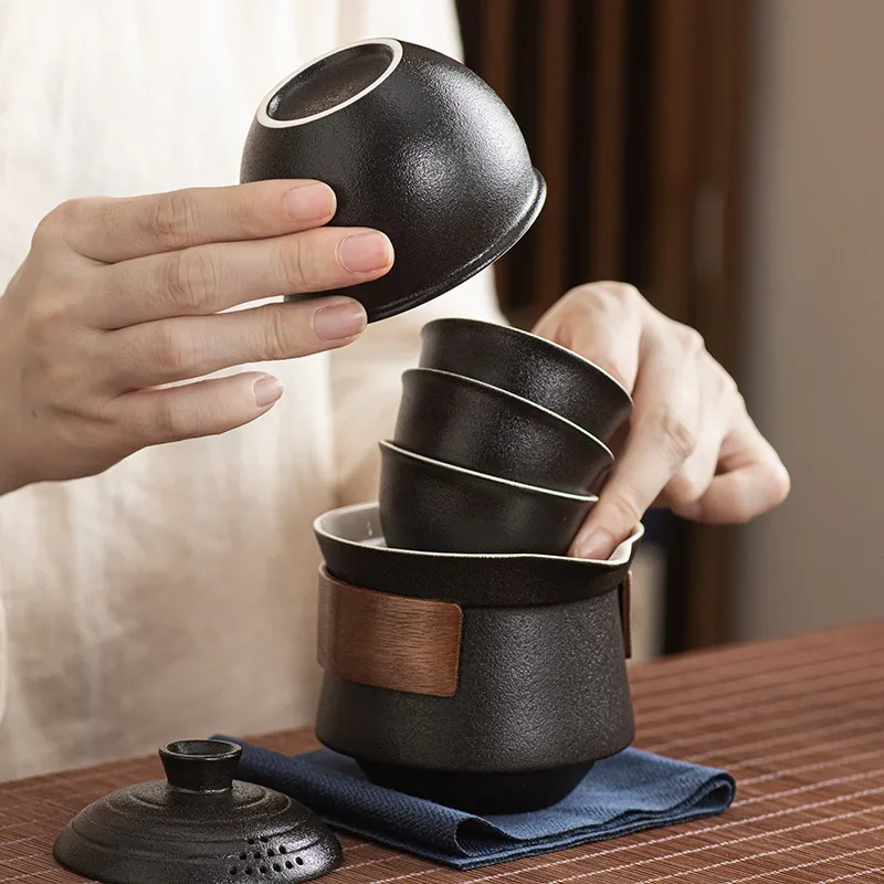 Black Pottery Travel Tea Set Portable Bag Outdoor Hand-held Pot Quick Cup One Pot Four Cups Business Gift Luxury Tea Ceremony