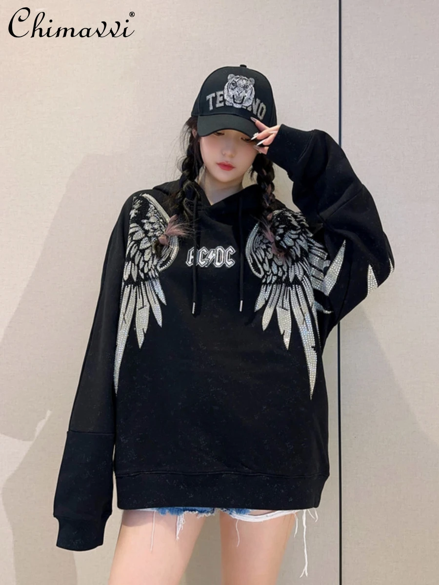 

High-End Sweatshirt Hooded Rhinestone Wings Pullover Top Luxury Fashion Slim Oversize Long Sleeve Streetwear Hoodies Autumn