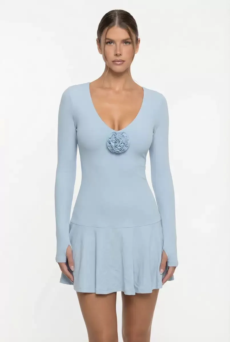 FUBEIKE Flower V Collar Dress With Chest Pad Long Sleeve Tennis Dress With Safety Pants Slim Yoga Tennis Skirt Women Sportswear