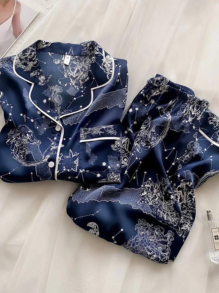 New Blue Pajama Women's Long Sleeve 100%  Silk Home Furnishing Set
