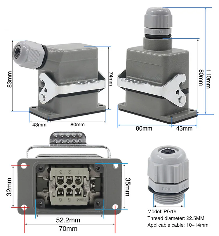 Heavy Duty Connector Rectangular Hdc-He-4/6/10/16/20/24/32/48Core Industrial Waterproof Aviation Plug 16A Top And laterial