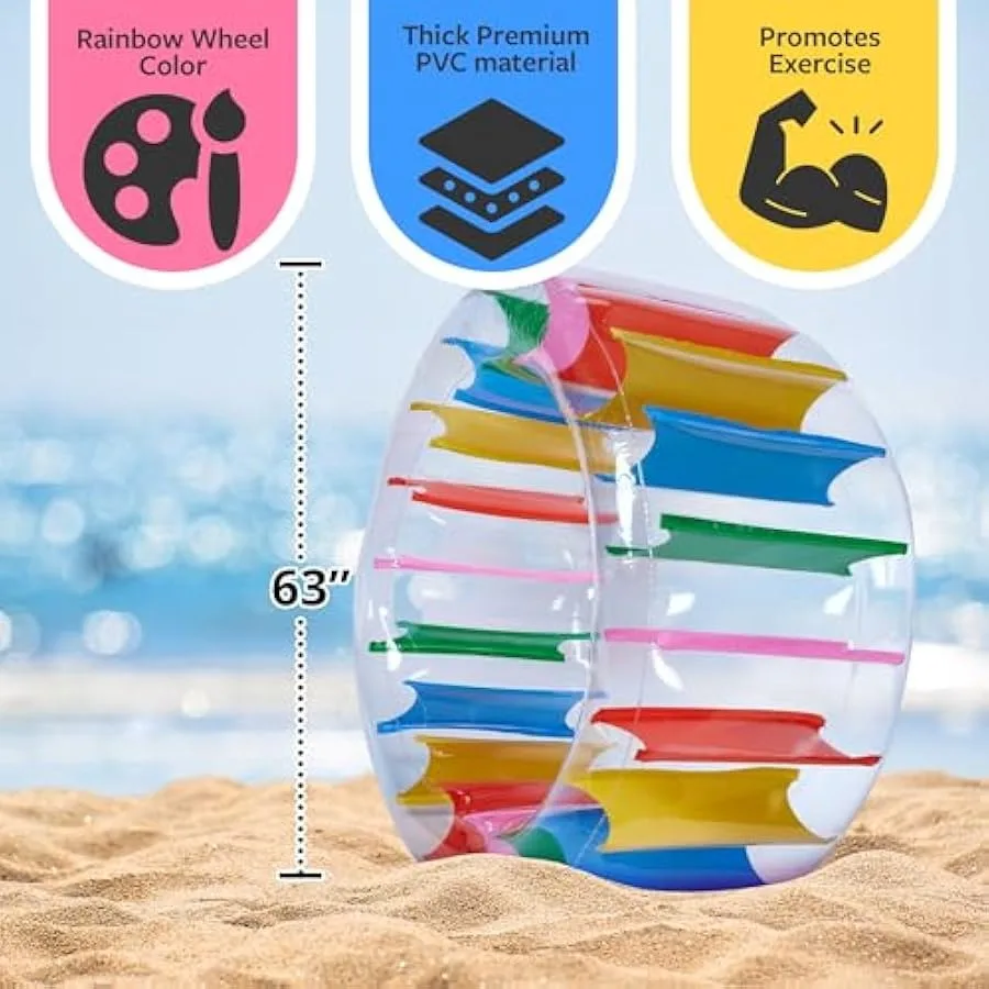 Giant Inflatable Wheel Roller 63" Colorful Water Rolling Wheel Swimming Pool Roller Toy Rolling on The Lawn Lake Beach Party In