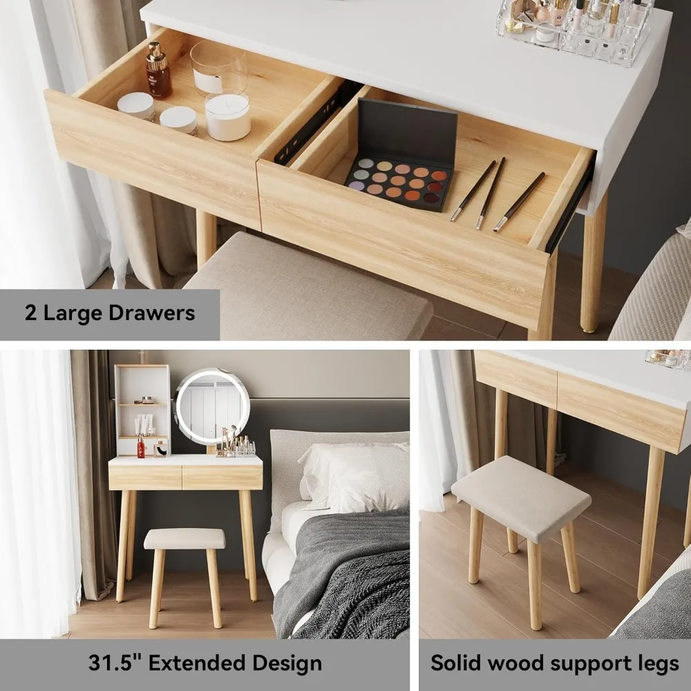 공간이 제한된 방을 위한 조명 조절 및 서랍이 있는 컴팩트한 화장대