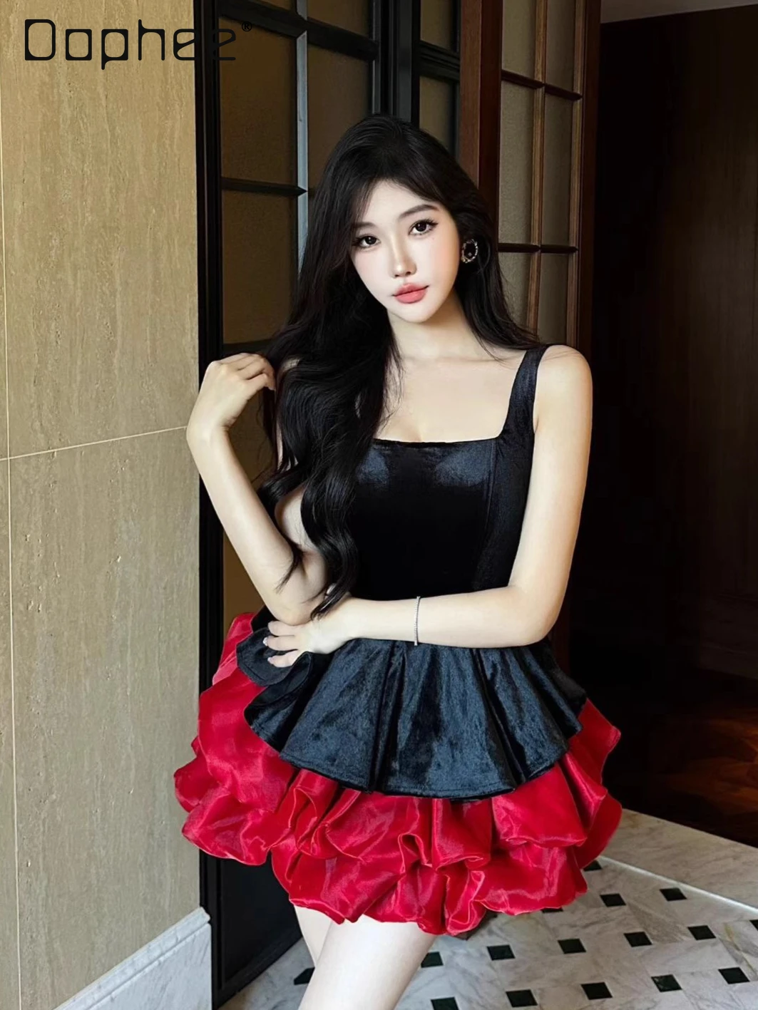 

French Style High-End Velvet Color-Block Puff Short Camisole Dress Women Evening Dresses Elegant Socialite New Year Mini Dress