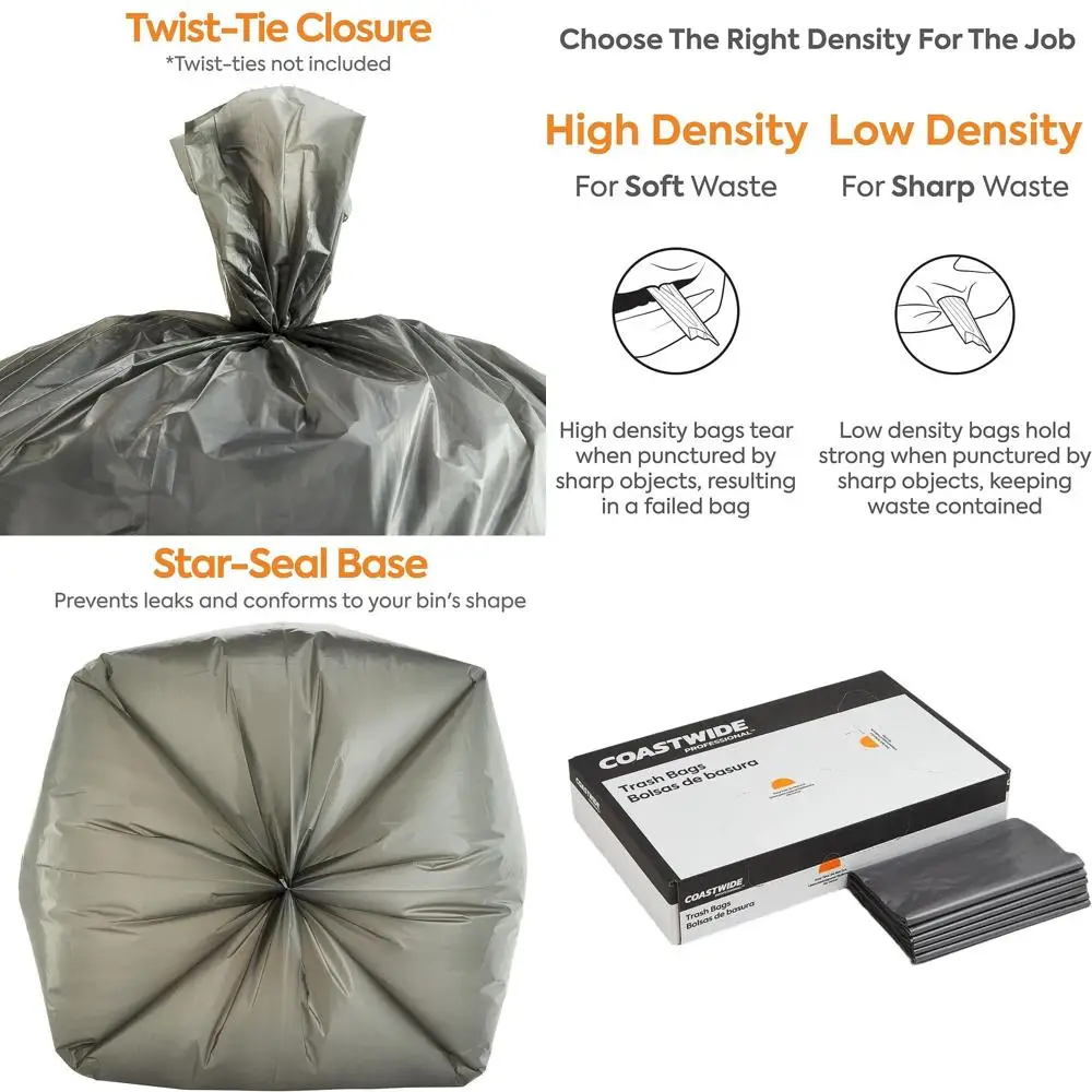 

Мешки для мусора объемом 40-45 галлонов, 39 x 47 дюймов, низкой плотности, 1,7 мил, серебристые, 50 штук в коробке