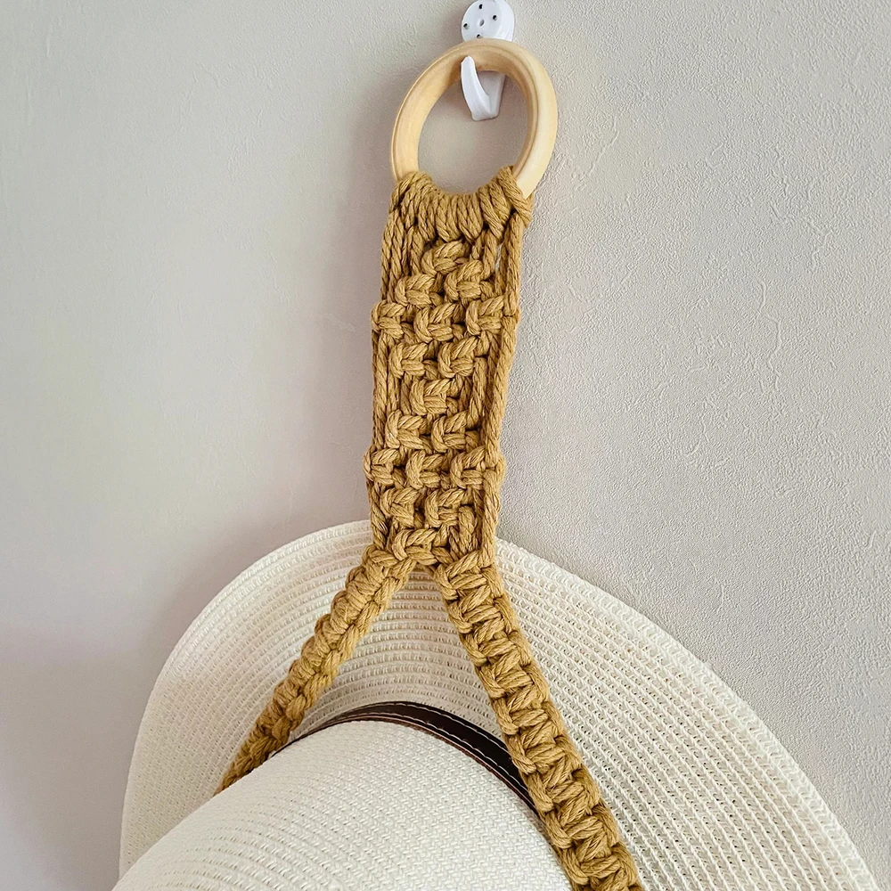 Handmade macrame boho style macrame hat holder for wall hanging double layer hat holster on wall storage hanging