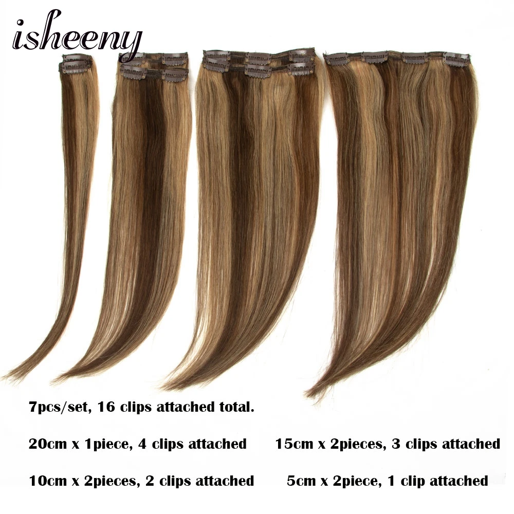 Highlight Clip in Hair Extensions 7pcs/Set 12-24 inches Natural Brown Human Hair Full Head 50-140G Clip Human Hairpieces P4-27#