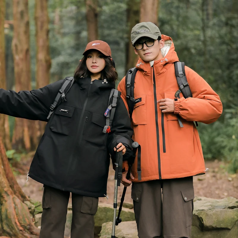 เสื้อแจ็คเก็ตกันลมกันหนาวไซส์ใหญ่บุผ้าฝ้ายสำหรับผู้ชาย เสื้อแจ็คเก็ตขนเป็ดสีขาวแบบมีฮู้ดสำหรับปีนเขา