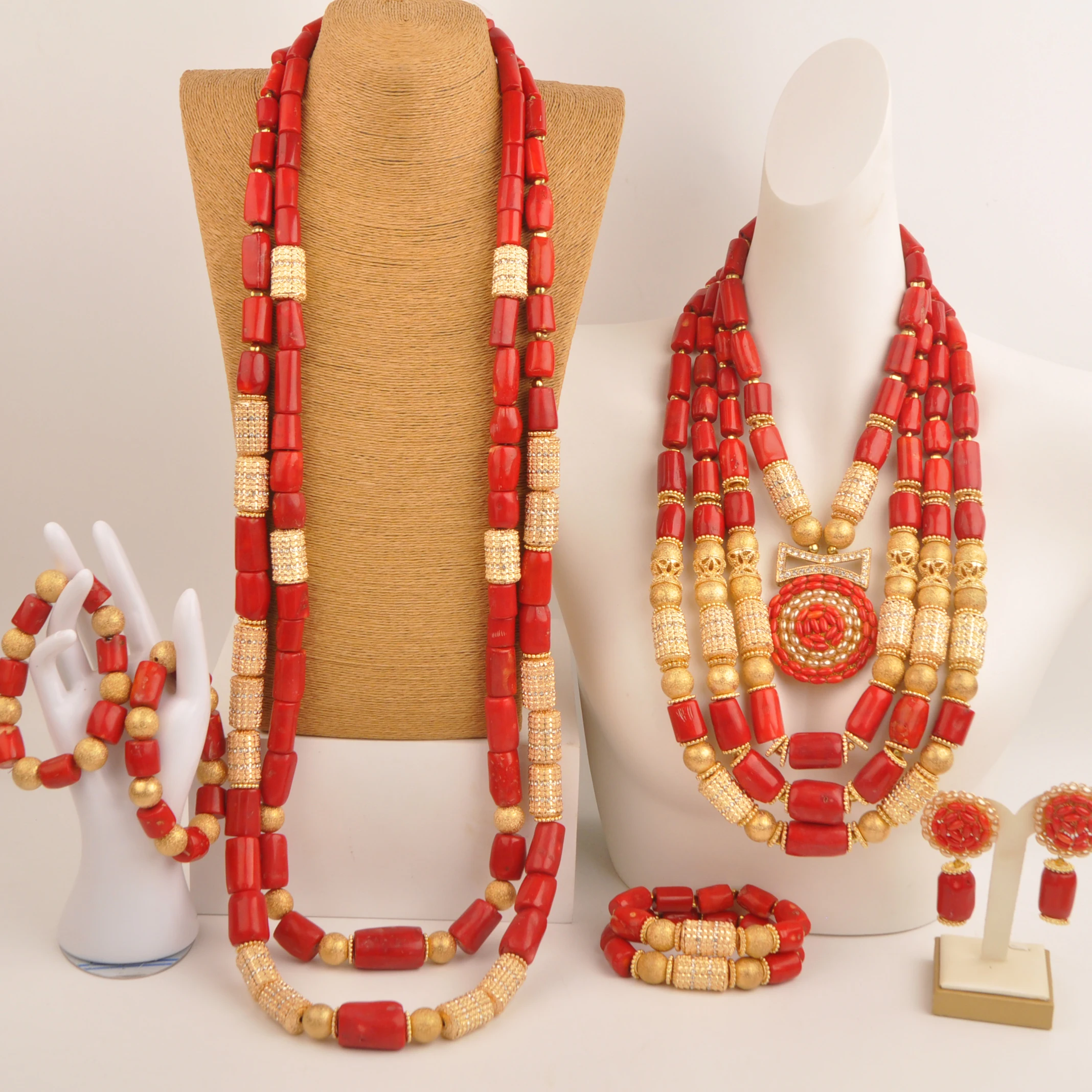 

African Couple Jewellery Nigerian Wedding Red Coral Beads Jewelry Set