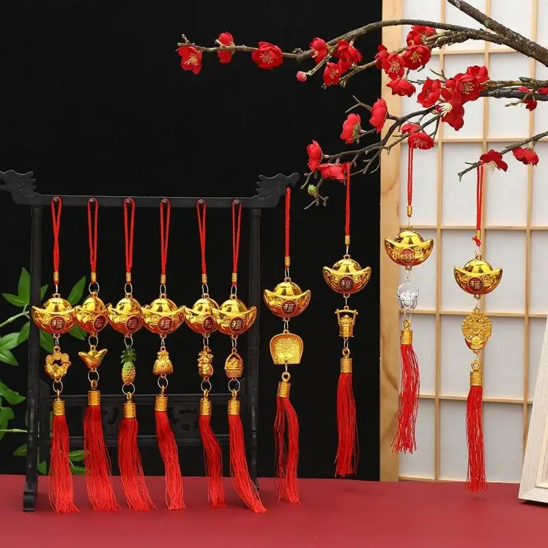 Chinese New Year Gold Ingot Hanging Ornaments Lucky Fu Design Red Tassel For Home Car Spring Festival Decor