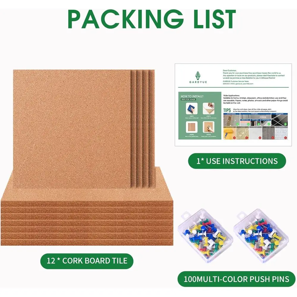 Placas de Cortiça Grossas de 12x12 Polegadas com Adesivo, 100 Alfinetes Inclusos para DIY, Escritório, Escola e Uso Doméstico