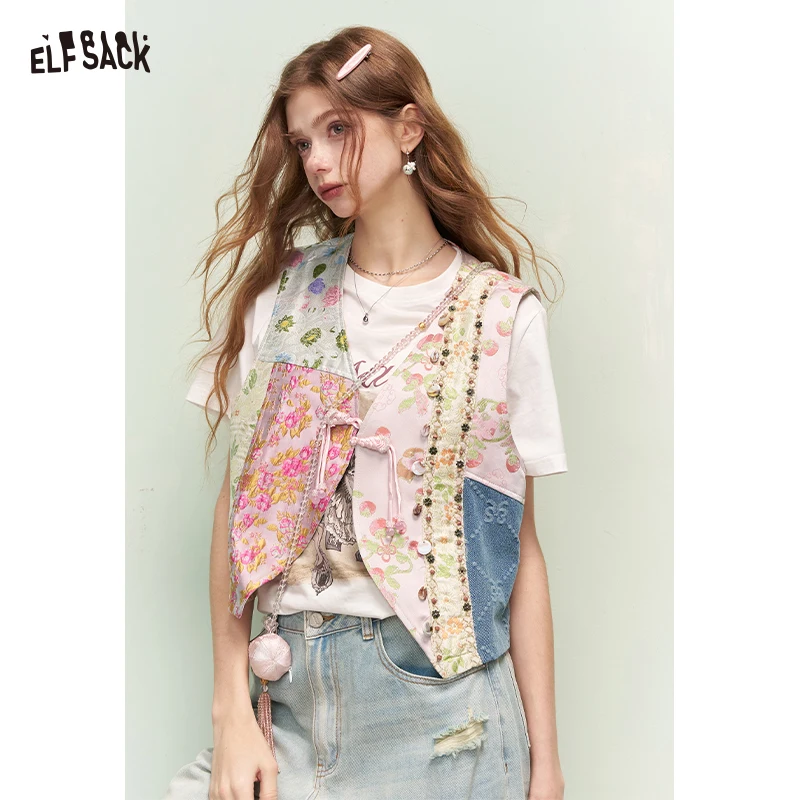 ELFSACK Women's Vintage Patchwork Embroidered Vest, Sleeveless V-Neck Floral Waistcoat Jacket, Chinese Retro Outerwear