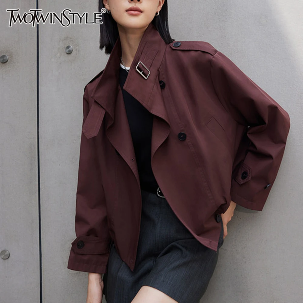 

TWOTWINSTYLE Solid Casual Short Trench For Women Lapel Long Sleeve Patchwork Double Breasted Loose Coats Female Fashion Style