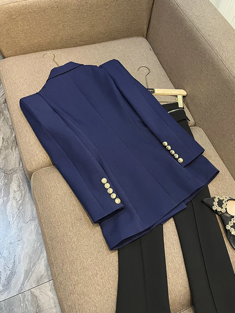 2023New Street High-Quality Design Royal Blue Women Fashion Elegant 2Pieces Blazers Sets With Shoulder Pads Personize Lady Suits