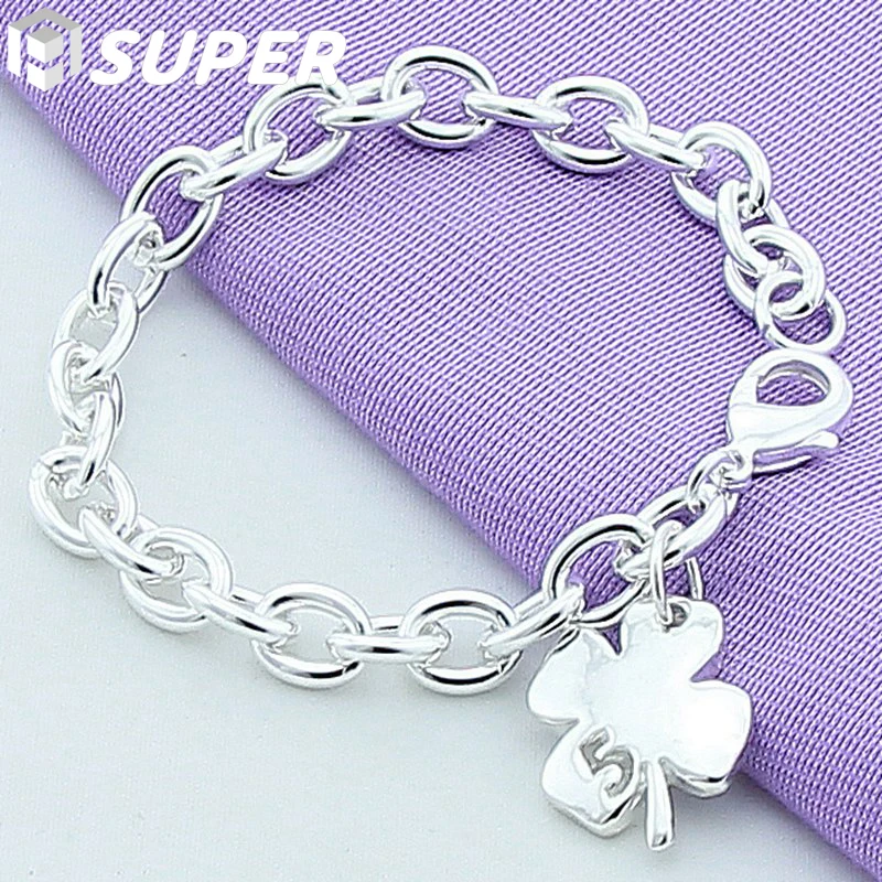 

925 Sterling Silver Clover Leaves Lucky Number 5 Bracelet 20cm Chain Women Wedding Engagement Party Jewelry