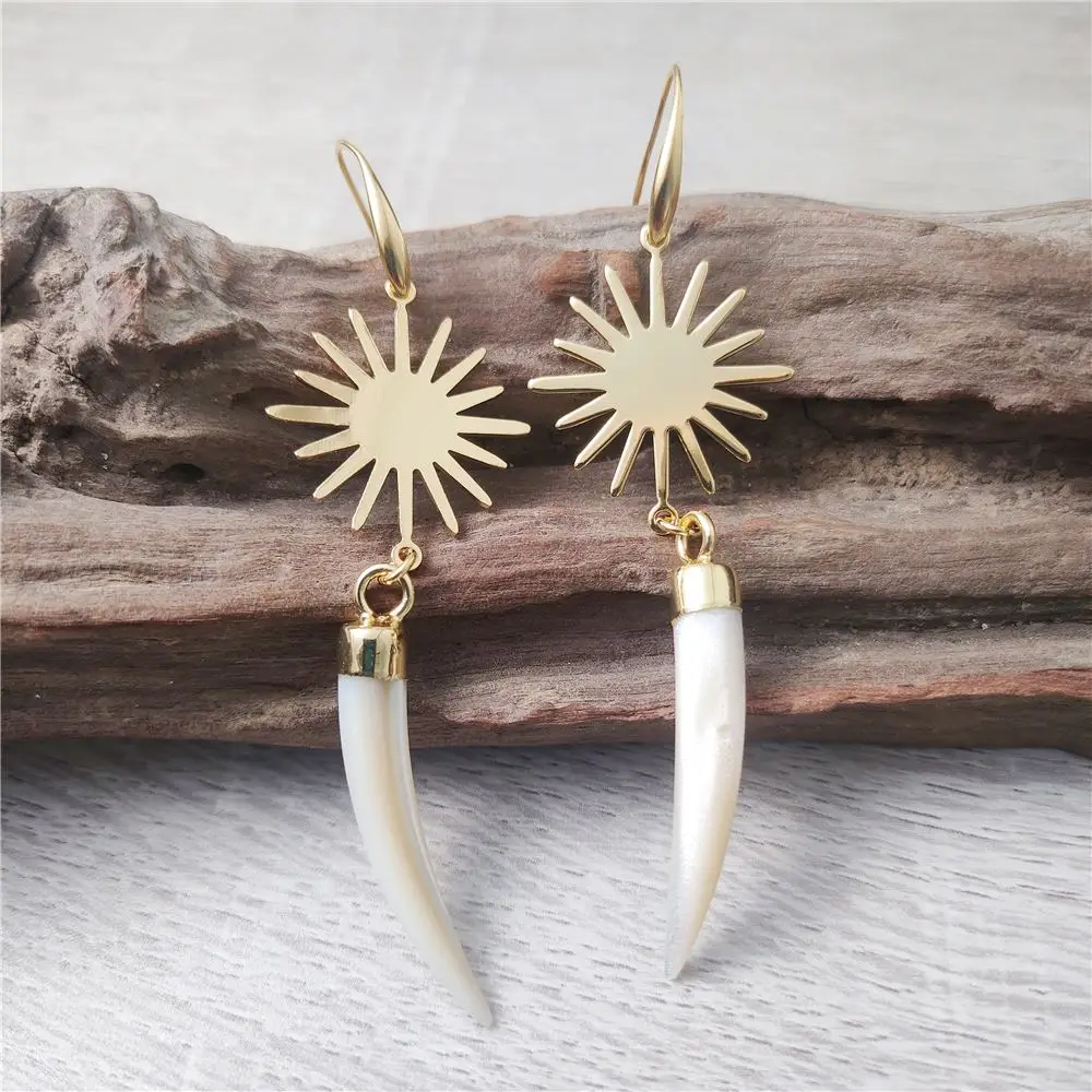 FUWO One Pairs Suns Shell Earrings,Golden Plated Mother of Pearl Spike Earrings Unique Ocean Inspired Jewelry For Women ER002