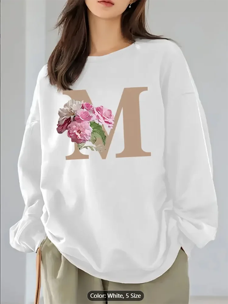 

Женский белый свитшот M с цветочным графическим принтом, повседневный пуловер большого размера, топ для влюбленных начального стиля, удобный чистый хлопок