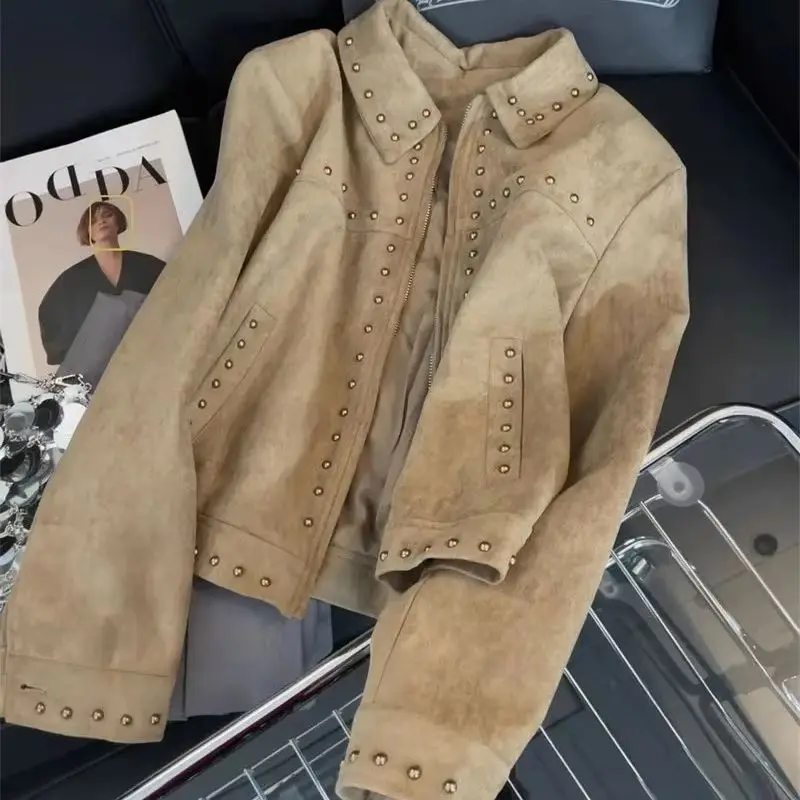 BESTBAFU Otoño Invierno moda chaqueta con remaches mujer Casual solapa gamuza abrigo Retro cremallera motocicleta prendas de vestir exteriores ropa de calle 079F