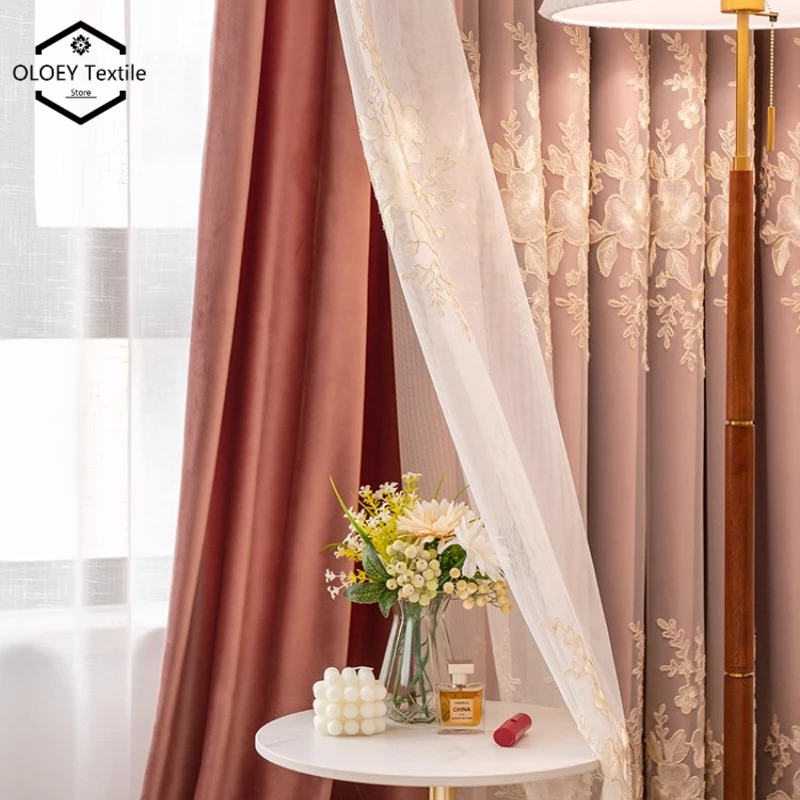French Style Double Layer Curtains Embroidered Velvet Blackout Sheer Panels Nordic Princess Luxury Living Room Window Treatment