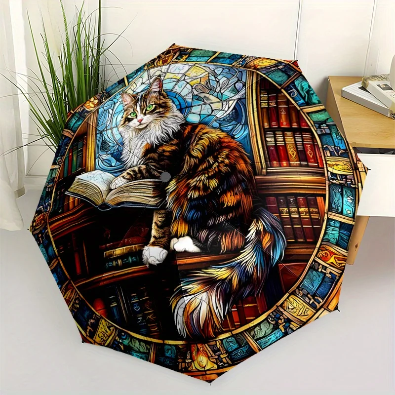 

1 шт. Зонт с автоматическим открытием/закрытием и витражным дизайном библиотеки — винтажный рисунок книги и кошки в столб — автоматическое открытие и C