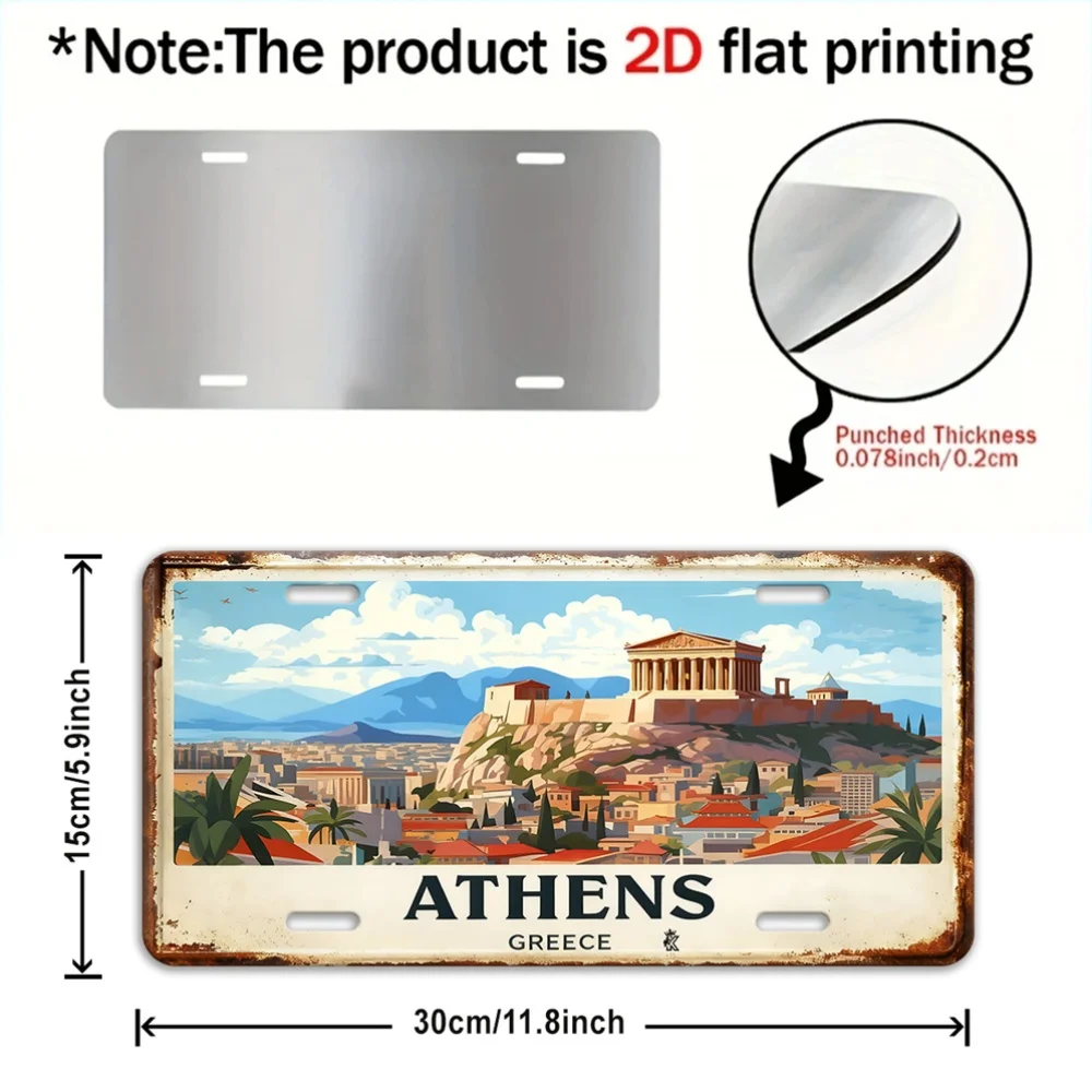 2D Flat- 1pc Vintage Metal Athens Greece Aluminum Sign, Outdoor Wall Decor, Suitable for Gardens And Patios, Travel Souvenirs