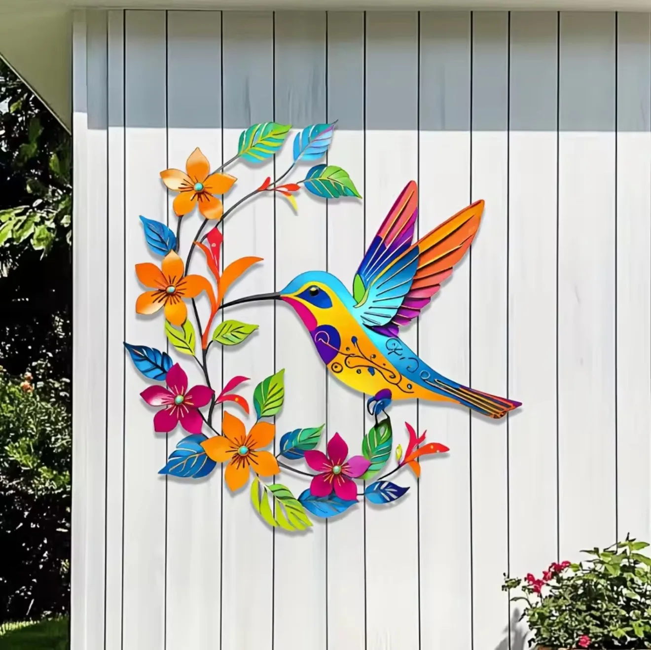 Waterproof Rustproof Metal Hummingbird Wall Sculpture, Bright Color Flower Vine Iron Wall Decor, Outdoor Garden Porch Door Balco