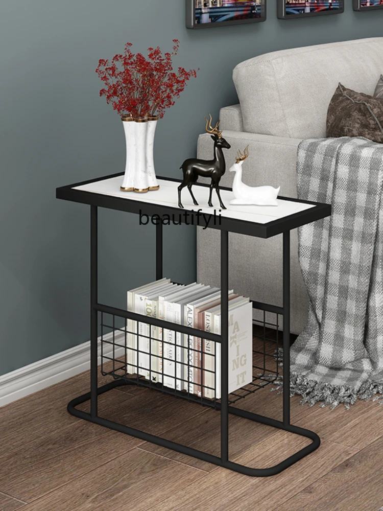 Modern small side table sofa table new Chinese side cabinet iron round corner rock slate small tea table