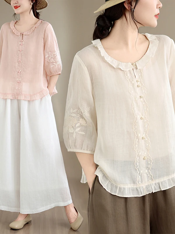 

Retro Korean Chinese Style Women's Shirt Large Size Design Floral Lace Collar Short Sleeve Breathable Casual Summer Top