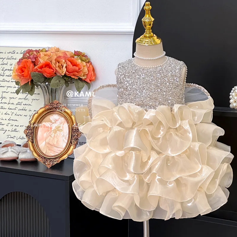 

Summer New Girls' Princess Dress with Sequin Wings for Birthday Party and First Birthday Celebration