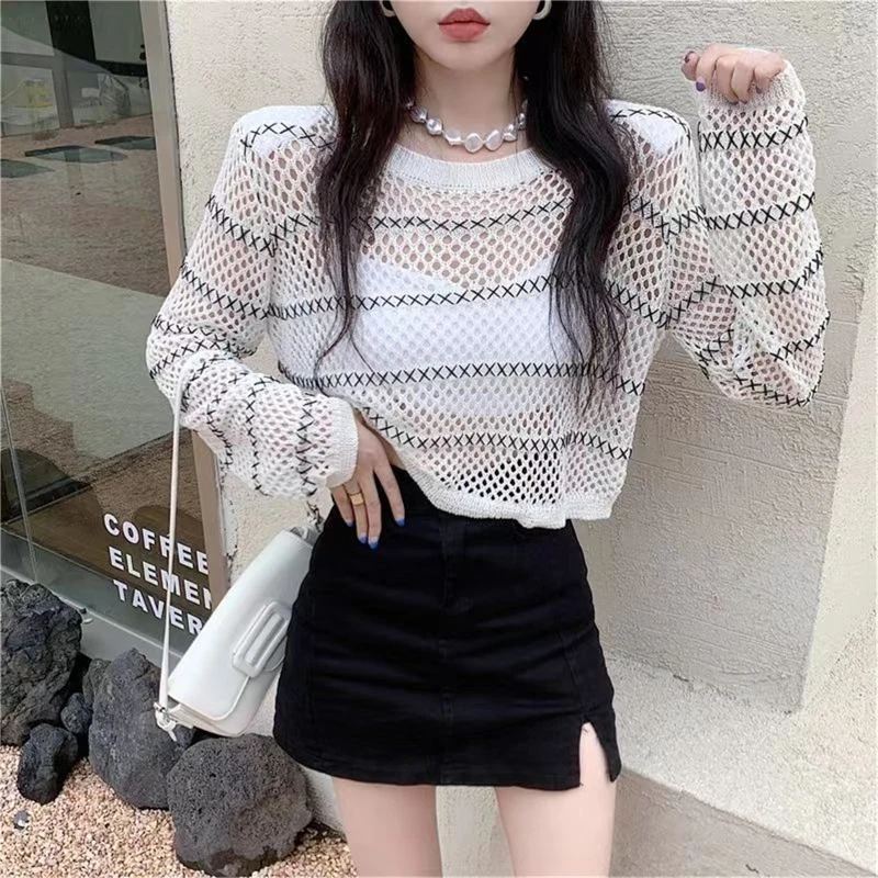 Mesh O-Neck for T Shirt Women Loose See Through Stripe Knit Fishnet Crop Top Cov N7YF