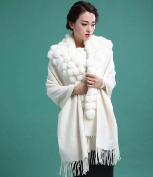 

Wool Scarf with Real Rabbit Fur Ball Pompom Cloak Lady Mum Gift Shawl Wraps Winter Women Capes
