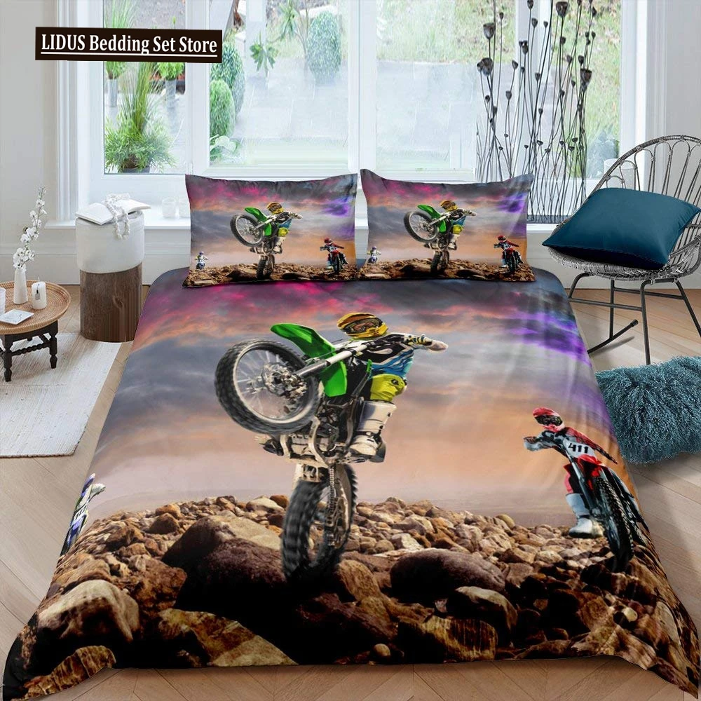 

Motorbike Duvet Cover Set Twin Size Motocross Rider Bedding Set Racing Motorcycle Dirt Bike Extreme Sport Polyester Quilt Cover