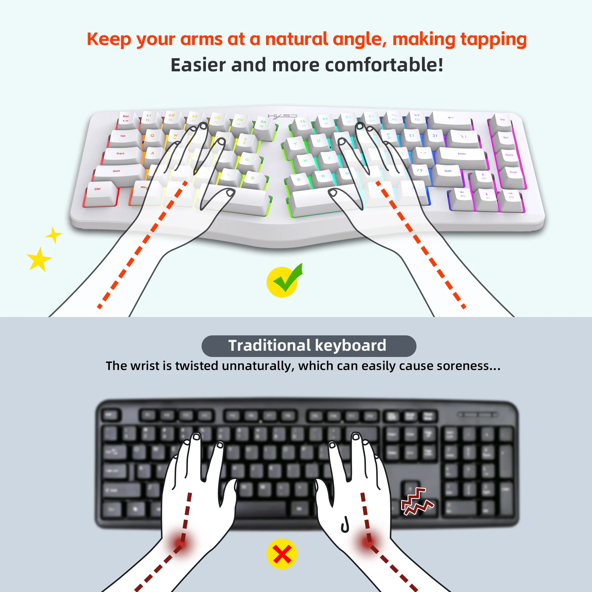 人間工学に基づいたキーボード、RGBバックライト付き69キー有線USBコンピュータキーボード、洗練された人間工学に基づいたデザイン、特大のレターキー簡単