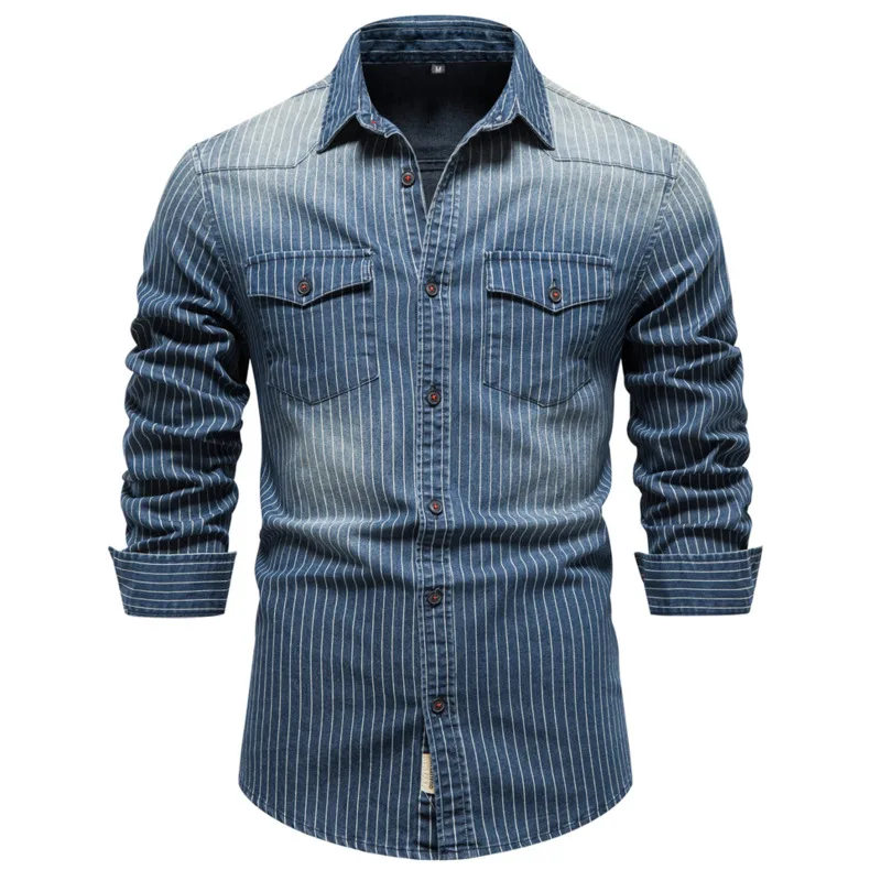 

#4605 Black Blue Vertrical Striped Denim Shirts Mens Fit Fit Long Sleeve Jeans Shirts 95%Cotton Cowboy Mens Shirts High Quality