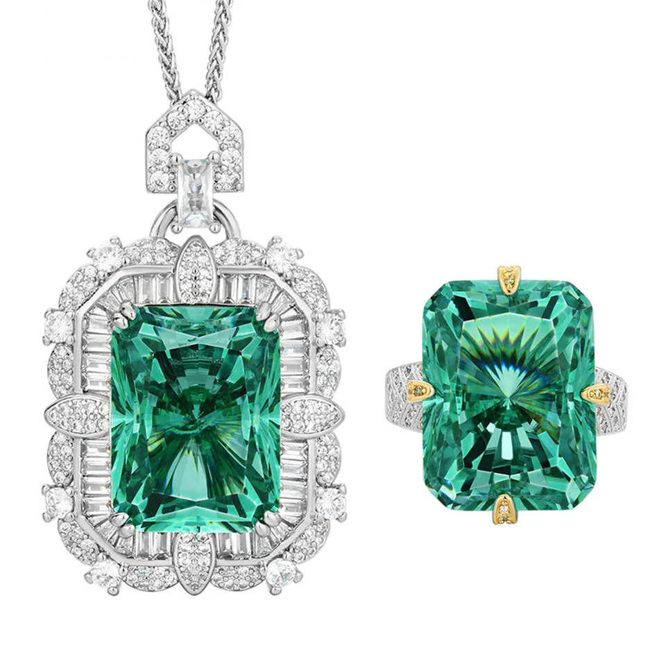 

Radiant Chepala Green Square Diamond Ring Pendant Set Main Stone 15*20 Baguette Emerald Diamond in Stainless Steel Jewelry Gifts