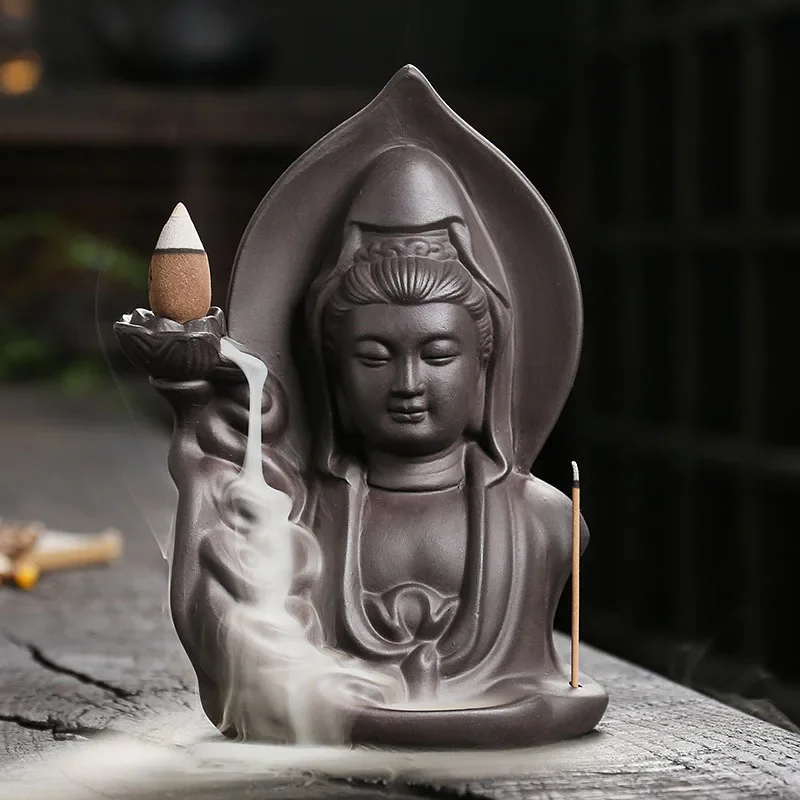 Purple sand backflow smoke aromatherapy burner, Guanyin sandalwood agarwood backflow incense burner home handicraft ornament