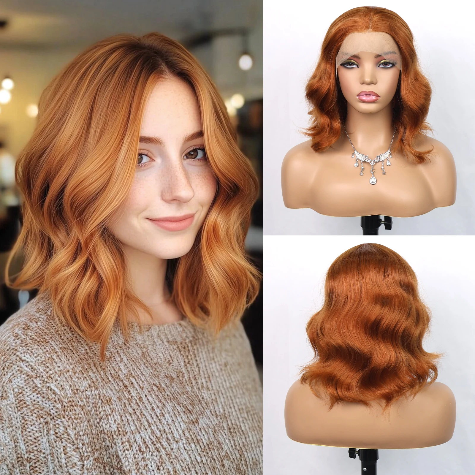 

Синтетический парик Aubree с кружевной передней частью для женщин, 18 дюймов, медные волнистые волосы, парик-каре, 13*4, с кружевной фронтальной частью, без клея, термостойкий