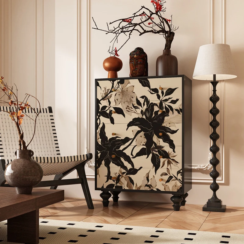 

chest of drawers, living room entry door against the wall storage locker, aisle flower painted decorative cabinet