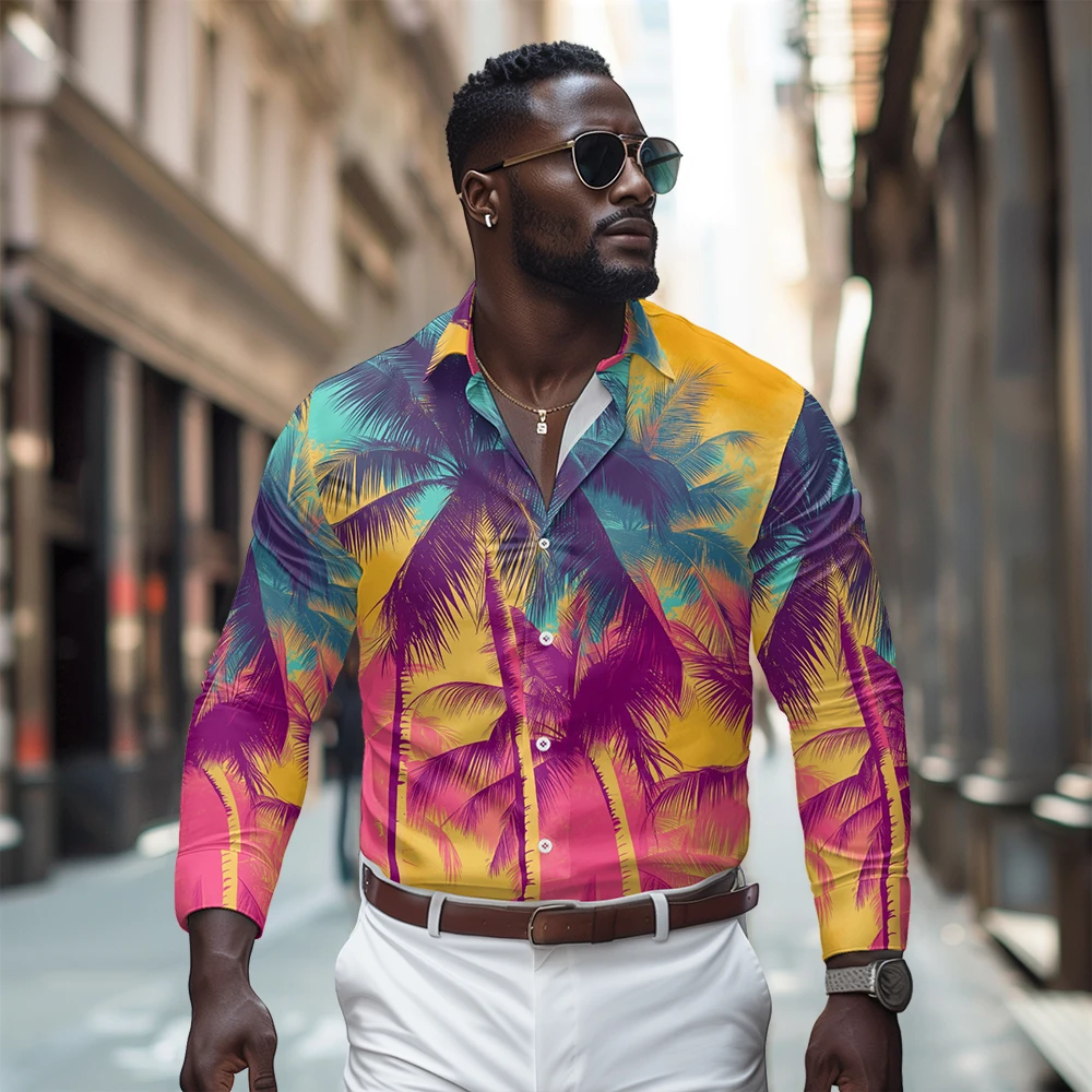 

Men's Casual Long-sleeved Shirts with Colorful Coconut Tree print，Button polo collar，Suitable for Outdoor Wear in Spring Autumn