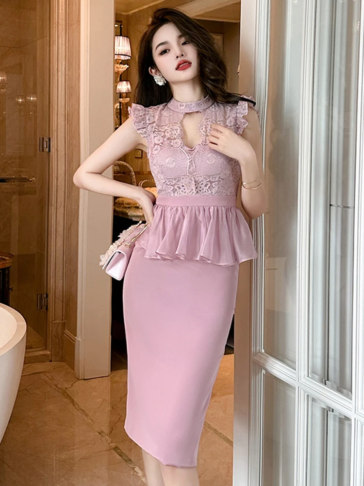 2023 New Summer Elegant Sweet Sexy Fake 2 Pieces Dress Women Pink Sheer Lace Hook Flower Hollow Ruffles Robe Femme Party Vestido