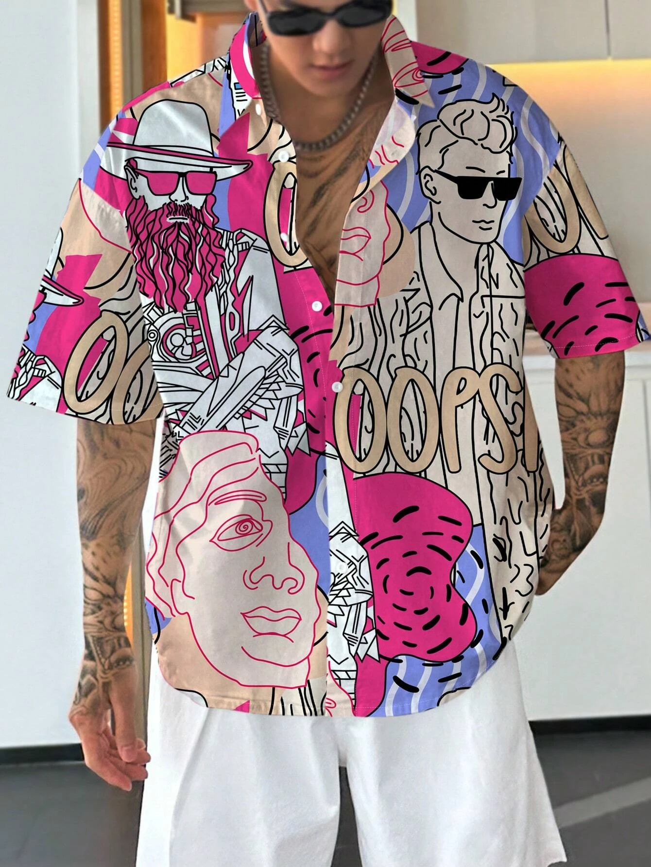 Camisa estampada con patrón divertido para hombres y mujeres, camisas de manga corta, Tops de manga corta con botones a la moda